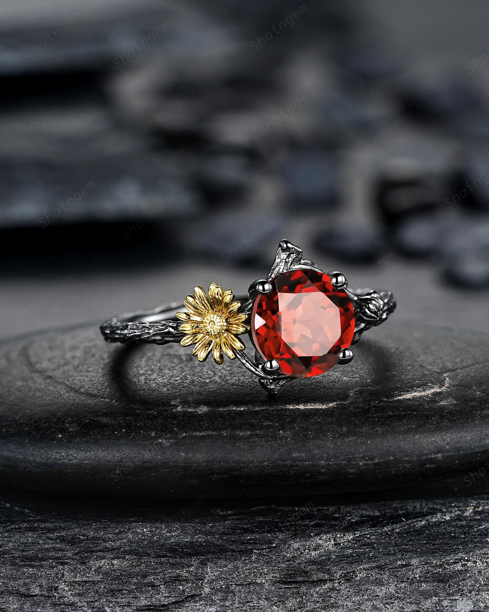 Gothic Two Tone Yellow Daisy April Birth Flower Garnet Solitaire Engagement Ring, Black Rhodium Nature Inspired Leaf Promise Wedding Ring - ShainJewelry