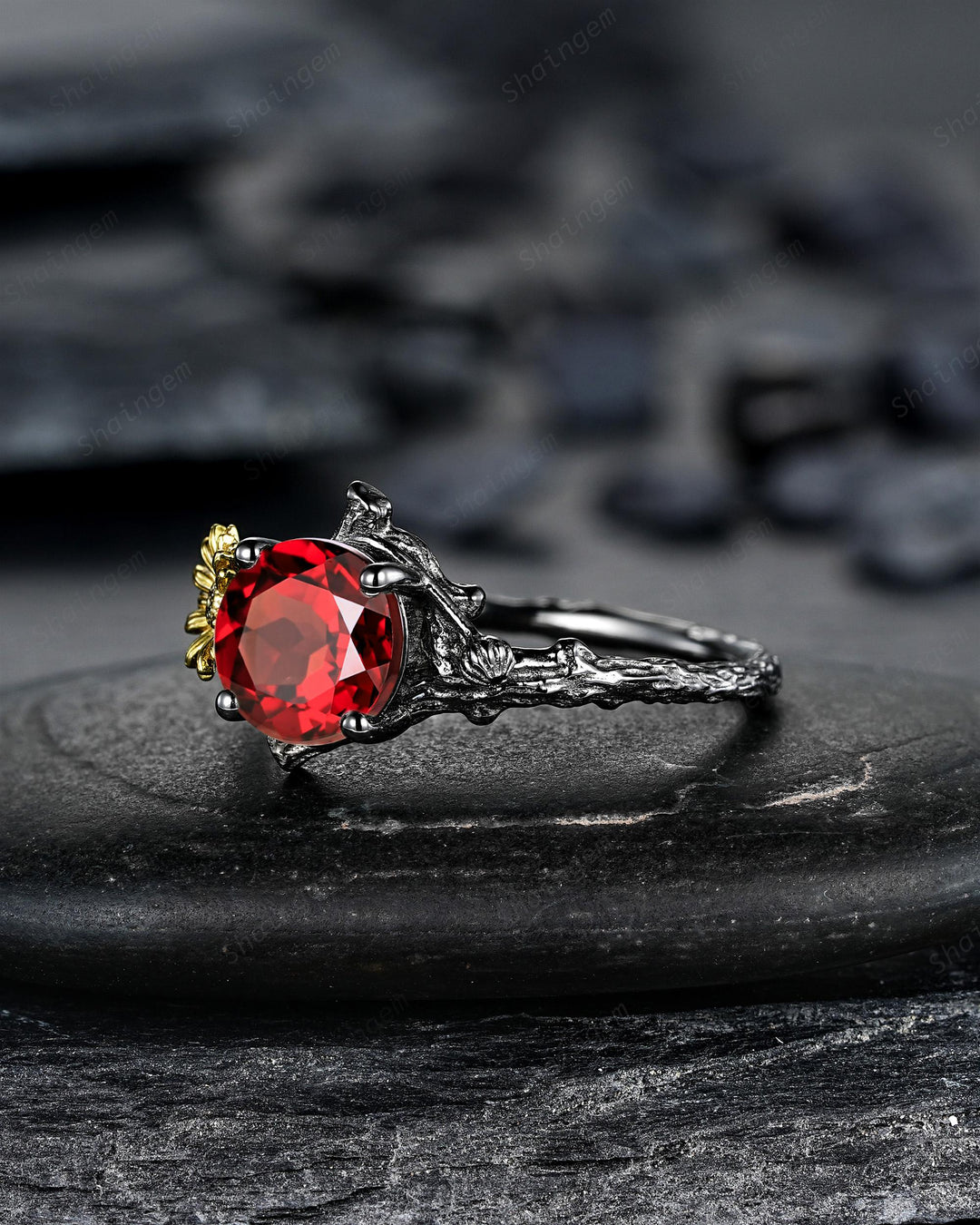 Gothic Two Tone Yellow Daisy April Birth Flower Garnet Solitaire Engagement Ring, Black Rhodium Nature Inspired Leaf Promise Wedding Ring - ShainJewelry
