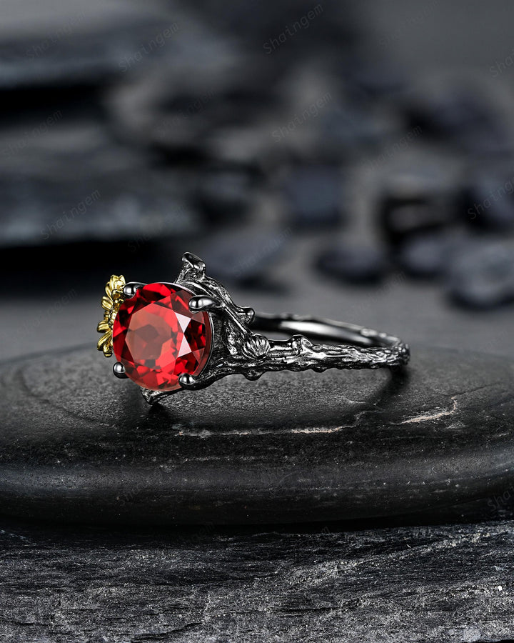 Gothic Two Tone Yellow Daisy April Birth Flower Garnet Solitaire Engagement Ring, Black Rhodium Nature Inspired Leaf Promise Wedding Ring - ShainJewelry
