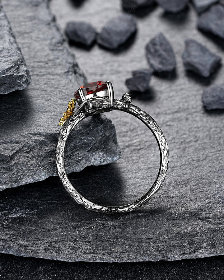 Gothic Two Tone Yellow Daisy April Birth Flower Garnet Solitaire Engagement Ring, Black Rhodium Nature Inspired Leaf Promise Wedding Ring - ShainJewelry