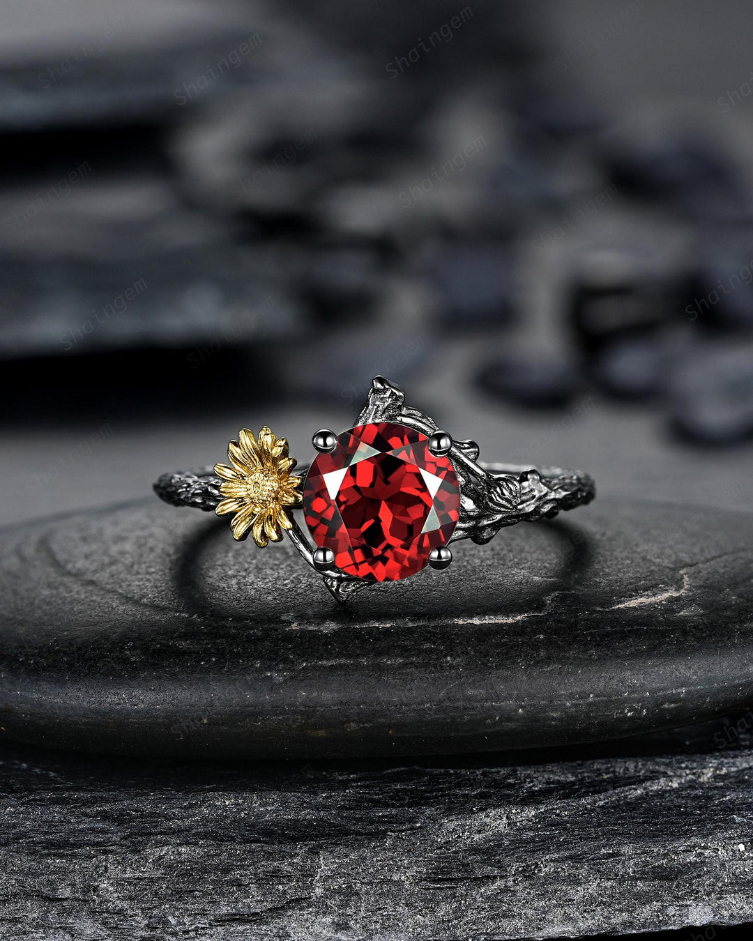 Gothic Two Tone Yellow Daisy April Birth Flower Garnet Solitaire Engagement Ring, Black Rhodium Nature Inspired Leaf Promise Wedding Ring - ShainJewelry