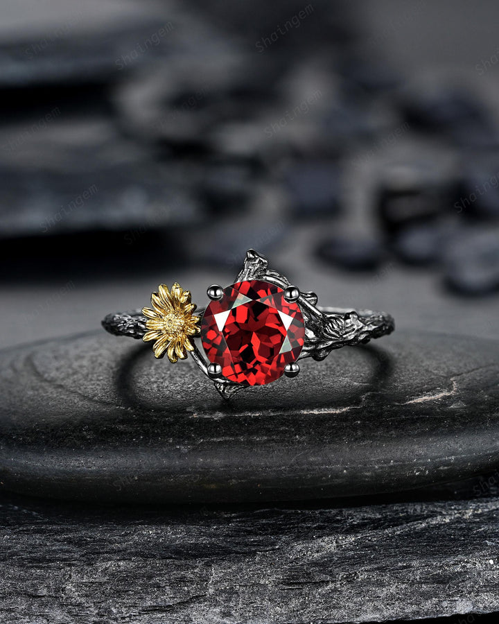 Gothic Two Tone Yellow Daisy April Birth Flower Garnet Solitaire Engagement Ring, Black Rhodium Nature Inspired Leaf Promise Wedding Ring - ShainJewelry