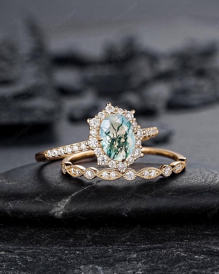 Vintage Moss Agate Halo Engagement Ring Set, Unique Oval Cut Mossy Agate Yellow Gold Wedding Set Moss Agate Bridal Set Anniversary Ring Gift - ShainJewelry