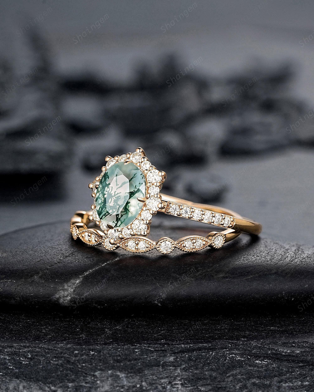 Vintage Moss Agate Halo Engagement Ring Set, Unique Oval Cut Mossy Agate Yellow Gold Wedding Set Moss Agate Bridal Set Anniversary Ring Gift - ShainJewelry