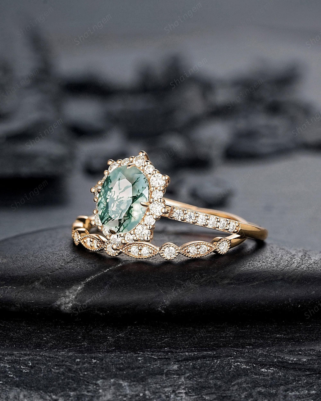 Vintage Moss Agate Halo Engagement Ring Set, Unique Oval Cut Mossy Agate Yellow Gold Wedding Set Moss Agate Bridal Set Anniversary Ring Gift - ShainJewelry