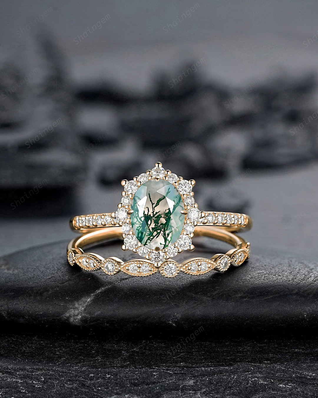 Vintage Moss Agate Halo Engagement Ring Set, Unique Oval Cut Mossy Agate Yellow Gold Wedding Set Moss Agate Bridal Set Anniversary Ring Gift - ShainJewelry