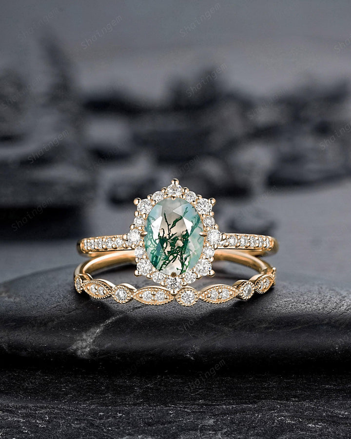 Vintage Moss Agate Halo Engagement Ring Set, Unique Oval Cut Mossy Agate Yellow Gold Wedding Set Moss Agate Bridal Set Anniversary Ring Gift - ShainJewelry