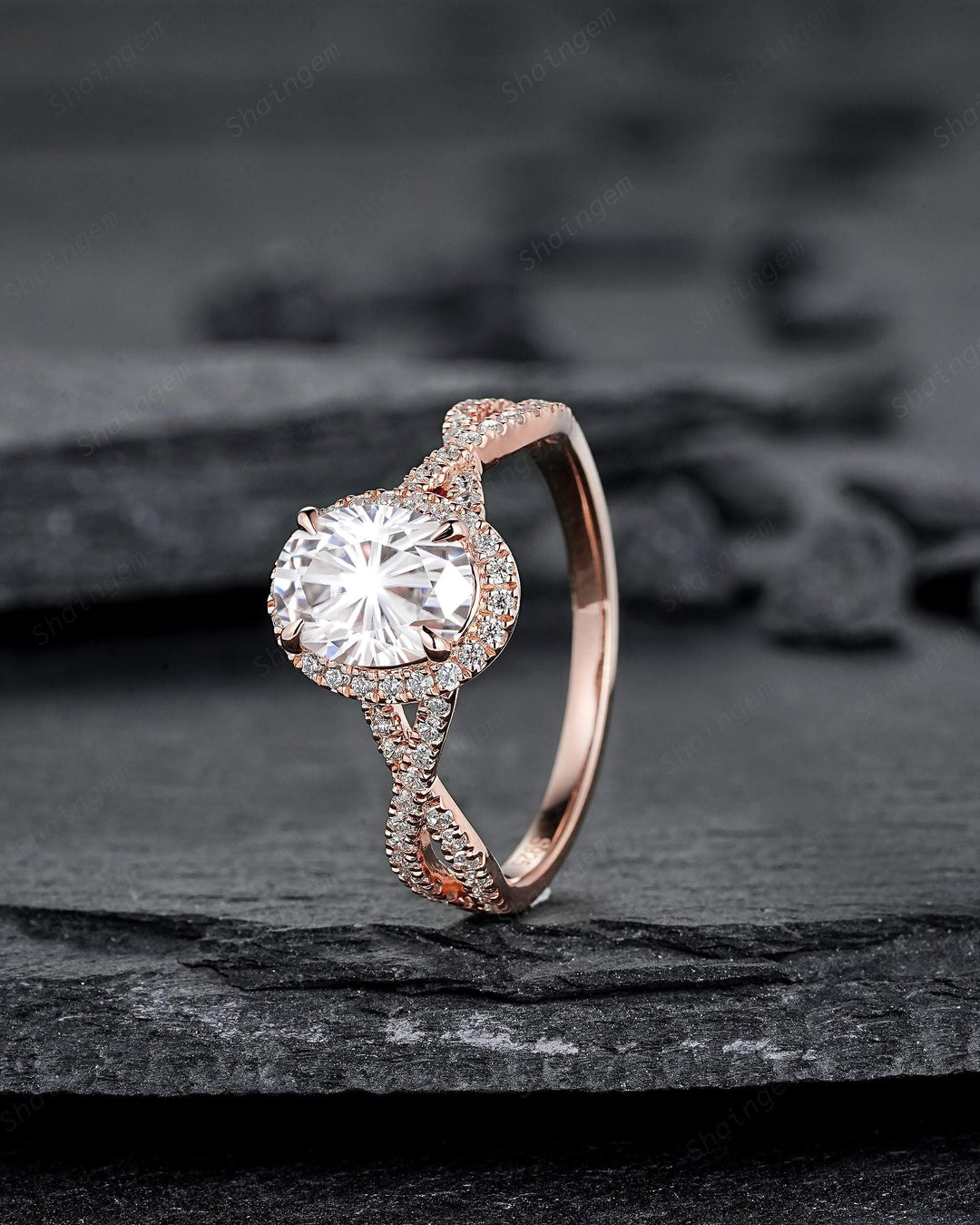 Twist Shank Oval Shape Fireworks Cut Moissanite Halo Engagement Ring Rose Gold Crossover Half Eternity Promise Ring Platinum Diamond Ring - ShainJewelry