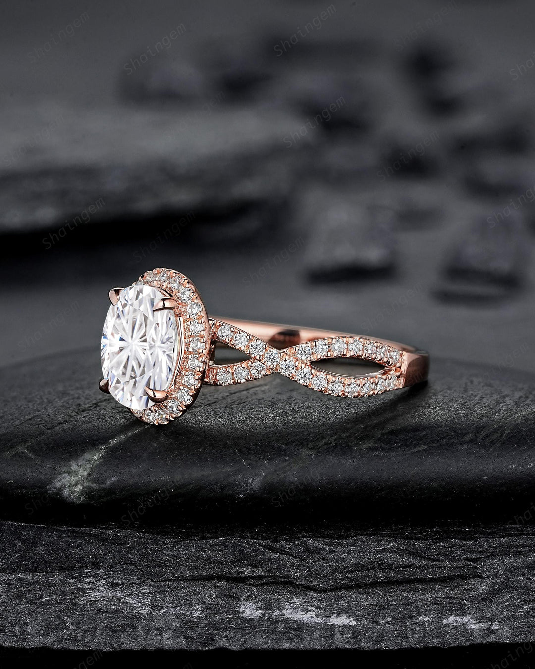 Twist Shank Oval Shape Fireworks Cut Moissanite Halo Engagement Ring Rose Gold Crossover Half Eternity Promise Ring Platinum Diamond Ring - ShainJewelry