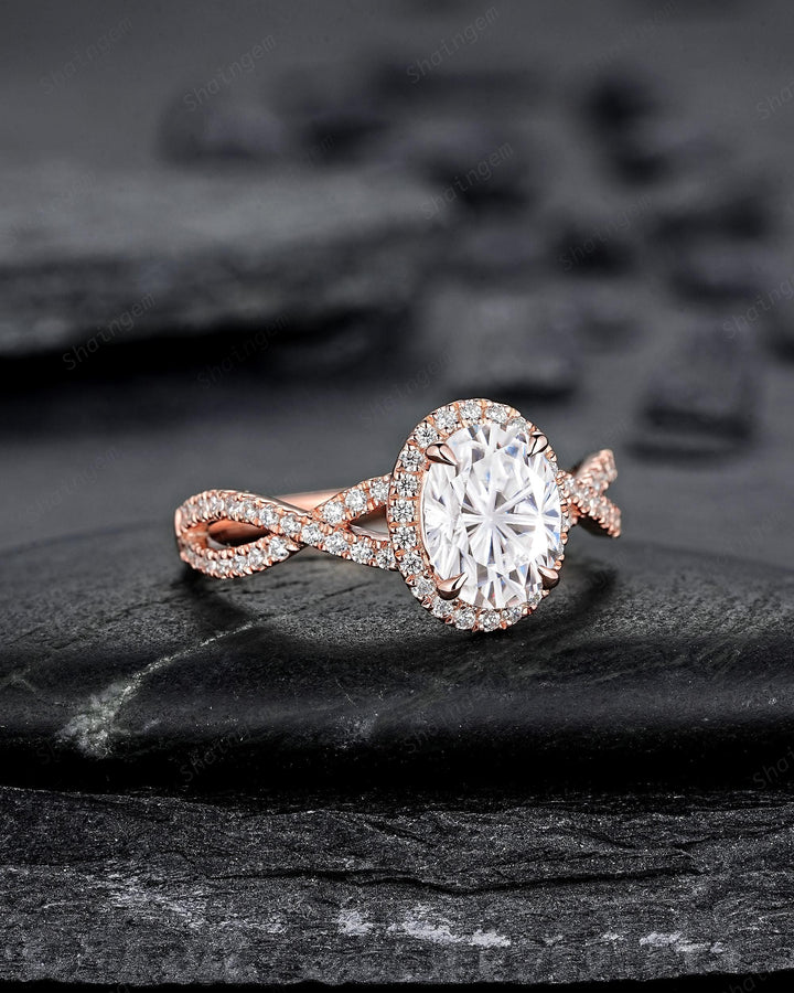 Twist Shank Oval Shape Fireworks Cut Moissanite Halo Engagement Ring Rose Gold Crossover Half Eternity Promise Ring Platinum Diamond Ring - ShainJewelry