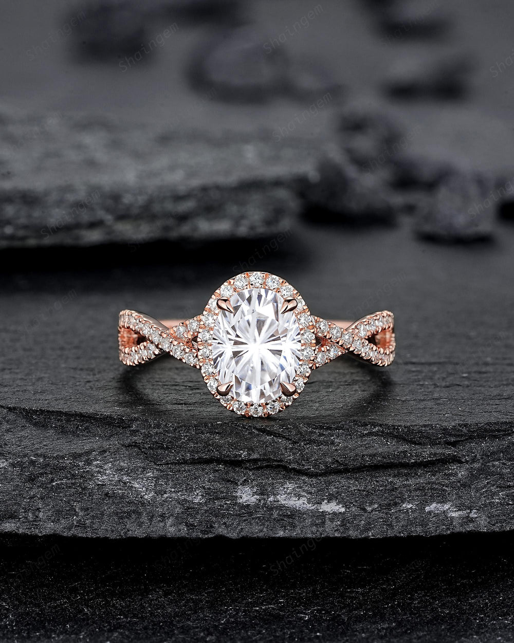 Twist Shank Oval Shape Fireworks Cut Moissanite Halo Engagement Ring Rose Gold Crossover Half Eternity Promise Ring Platinum Diamond Ring - ShainJewelry
