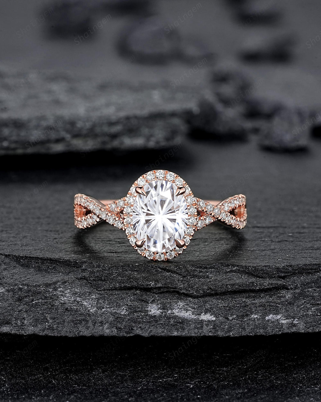 Twist Shank Oval Shape Fireworks Cut Moissanite Halo Engagement Ring Rose Gold Crossover Half Eternity Promise Ring Platinum Diamond Ring - ShainJewelry
