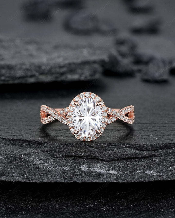 Twist Shank Oval Shape Fireworks Cut Moissanite Halo Engagement Ring Rose Gold Crossover Half Eternity Promise Ring Platinum Diamond Ring - ShainJewelry