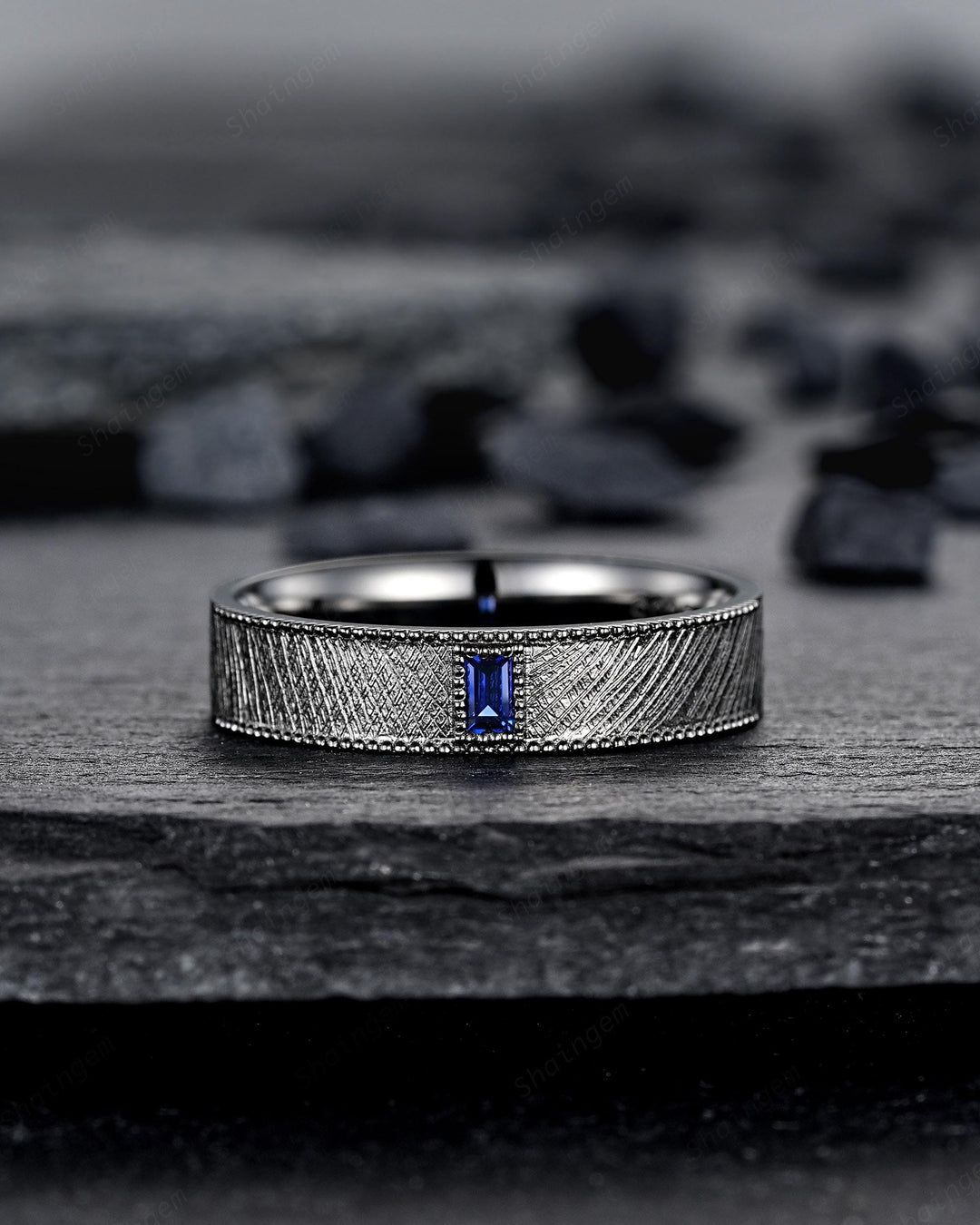 Gothic His and Hers Blue Sapphire Couple Engagement Ring Set, Brushed Satin Milgrain Black Gold Matching Band Black Rhodium Wedding Ring - ShainJewelry