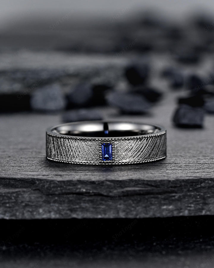 Gothic His and Hers Blue Sapphire Couple Engagement Ring Set, Brushed Satin Milgrain Black Gold Matching Band Black Rhodium Wedding Ring - ShainJewelry