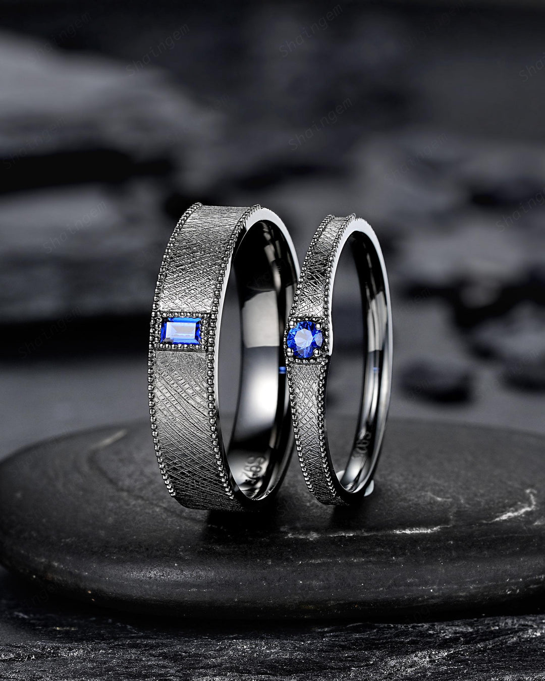 Gothic His and Hers Blue Sapphire Couple Engagement Ring Set, Brushed Satin Milgrain Black Gold Matching Band Black Rhodium Wedding Ring - ShainJewelry