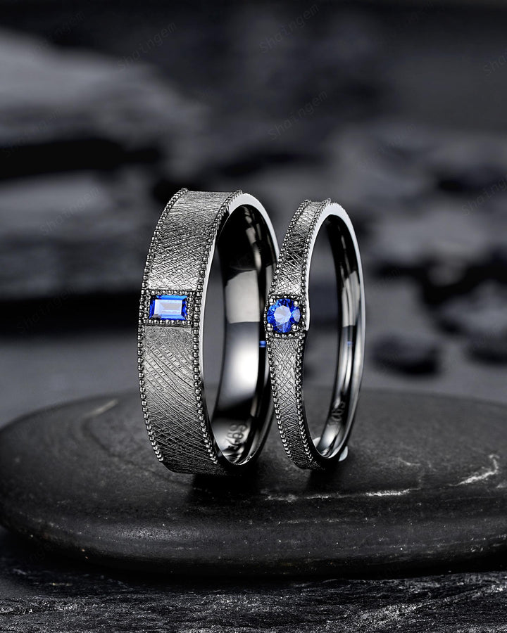 Gothic His and Hers Blue Sapphire Couple Engagement Ring Set, Brushed Satin Milgrain Black Gold Matching Band Black Rhodium Wedding Ring - ShainJewelry