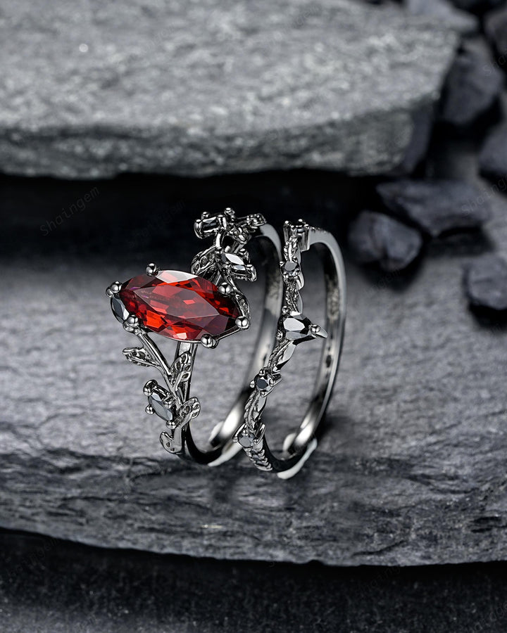 Vintage Marquise Cut Natural Garnet Black Engagement Ring, Gothic Twig Branch Vine Bridal Set, Black Rhodium Leaf Wedding Promise Ring Gift - ShainJewelry