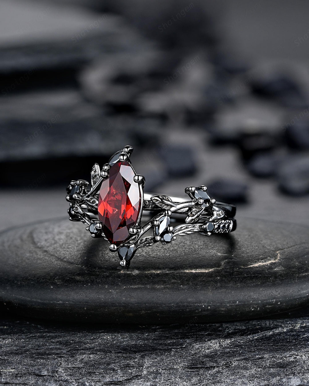 Vintage Marquise Cut Natural Garnet Black Engagement Ring, Gothic Twig Branch Vine Bridal Set, Black Rhodium Leaf Wedding Promise Ring Gift - ShainJewelry