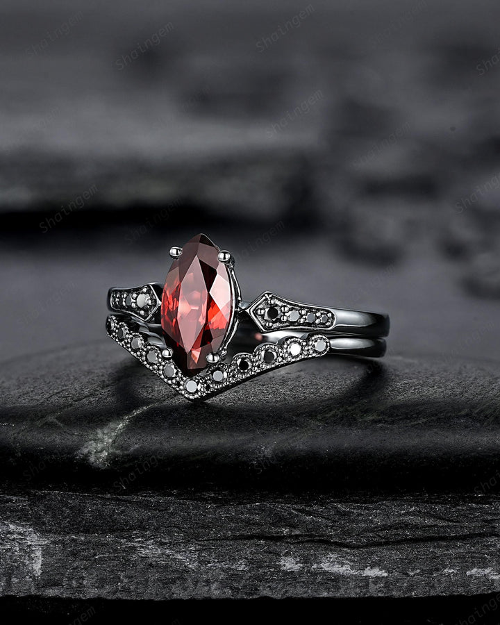 Gothic Black Marquise Cut Natural Red Garnet Engagement Ring Set, Black Rhodium Dark Wedding Bridal Set, Curved Milgrain Promise Ring Gift - ShainJewelry
