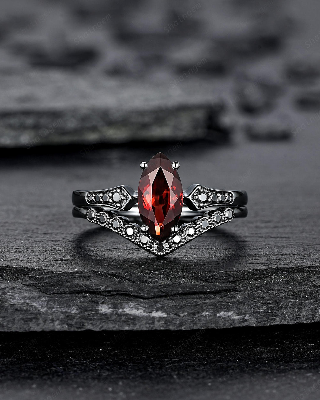 Gothic Black Marquise Cut Natural Red Garnet Engagement Ring Set, Black Rhodium Dark Wedding Bridal Set, Curved Milgrain Promise Ring Gift - ShainJewelry
