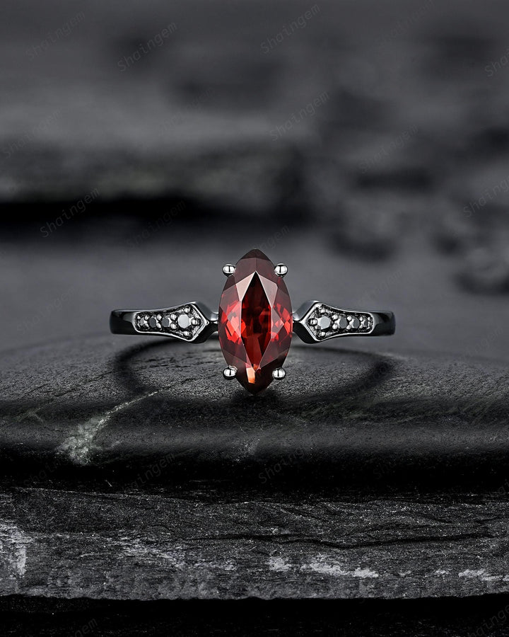 Gothic Black Marquise Cut Natural Red Garnet Engagement Ring Set, Black Rhodium Dark Wedding Bridal Set, Curved Milgrain Promise Ring Gift - ShainJewelry