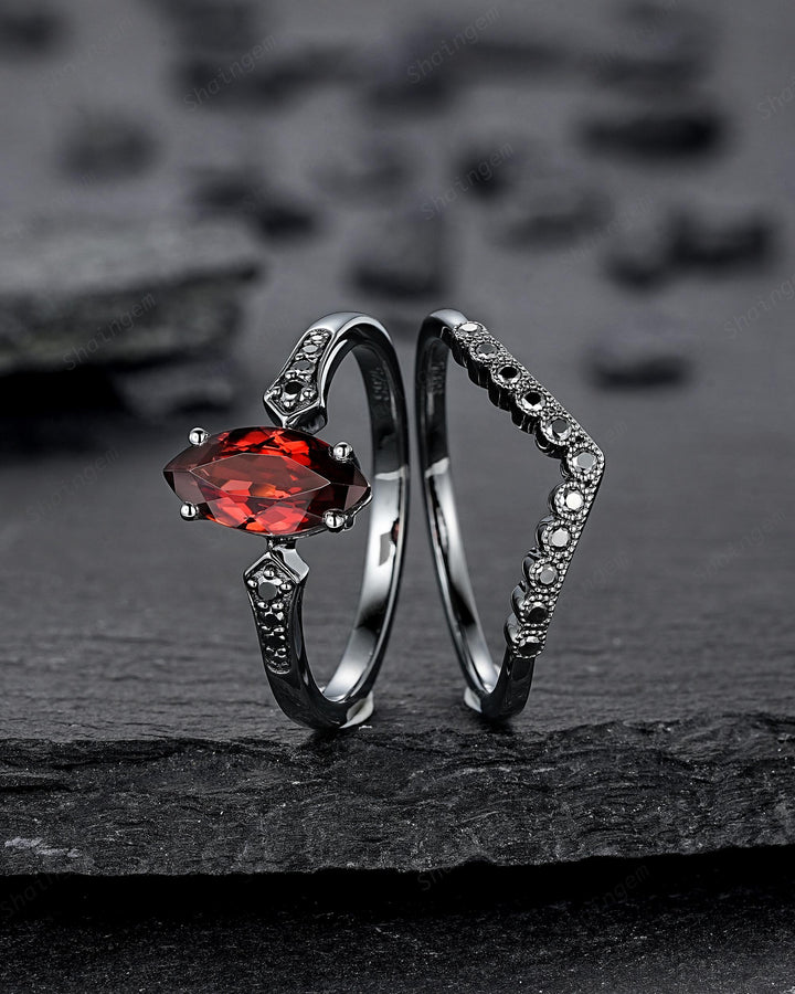 Gothic Black Marquise Cut Natural Red Garnet Engagement Ring Set, Black Rhodium Dark Wedding Bridal Set, Curved Milgrain Promise Ring Gift - ShainJewelry
