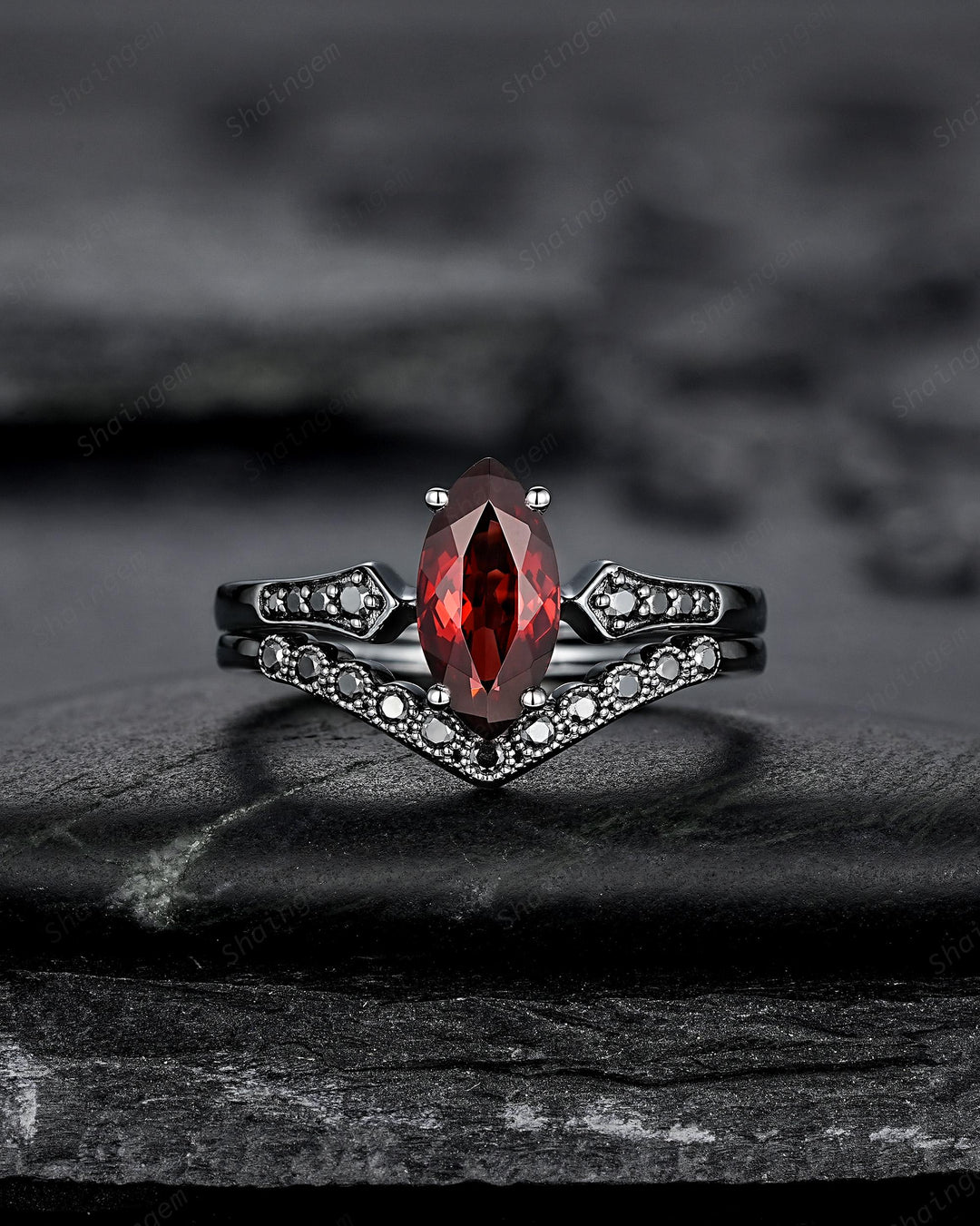 Gothic Black Marquise Cut Natural Red Garnet Engagement Ring Set, Black Rhodium Dark Wedding Bridal Set, Curved Milgrain Promise Ring Gift - ShainJewelry