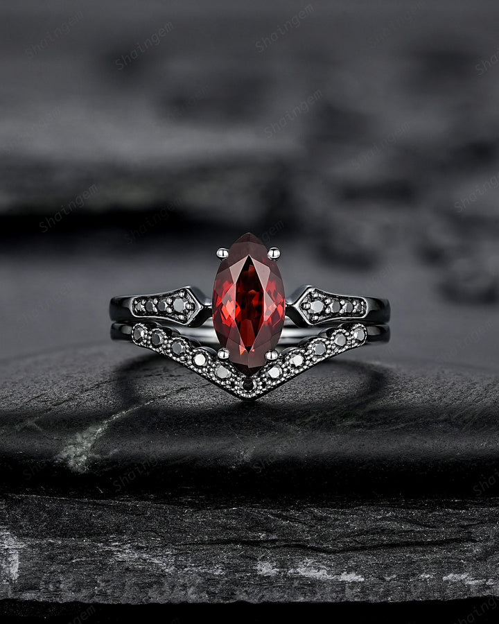 Gothic Black Marquise Cut Natural Red Garnet Engagement Ring Set, Black Rhodium Dark Wedding Bridal Set, Curved Milgrain Promise Ring Gift - ShainJewelry