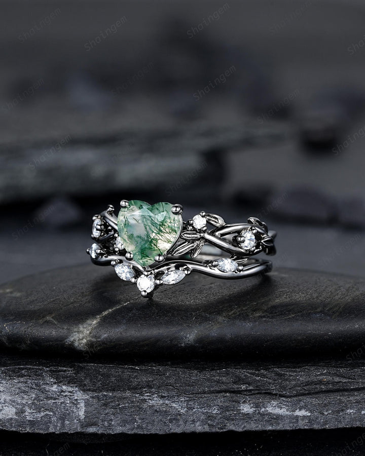 Unique Heart Shape Moss Agate Black Leaf Engagement Ring Set, Gothic Black Rhodium Twig Branch Promise Ring, Punk Vine Wedding Ring Gift - ShainJewelry