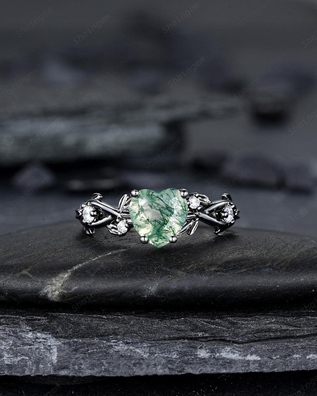 Unique Heart Shape Moss Agate Black Leaf Engagement Ring Set, Gothic Black Rhodium Twig Branch Promise Ring, Punk Vine Wedding Ring Gift - ShainJewelry