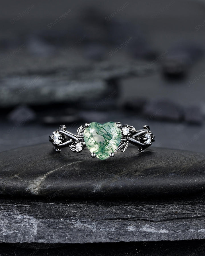 Unique Heart Shape Moss Agate Black Leaf Engagement Ring Set, Gothic Black Rhodium Twig Branch Promise Ring, Punk Vine Wedding Ring Gift - ShainJewelry