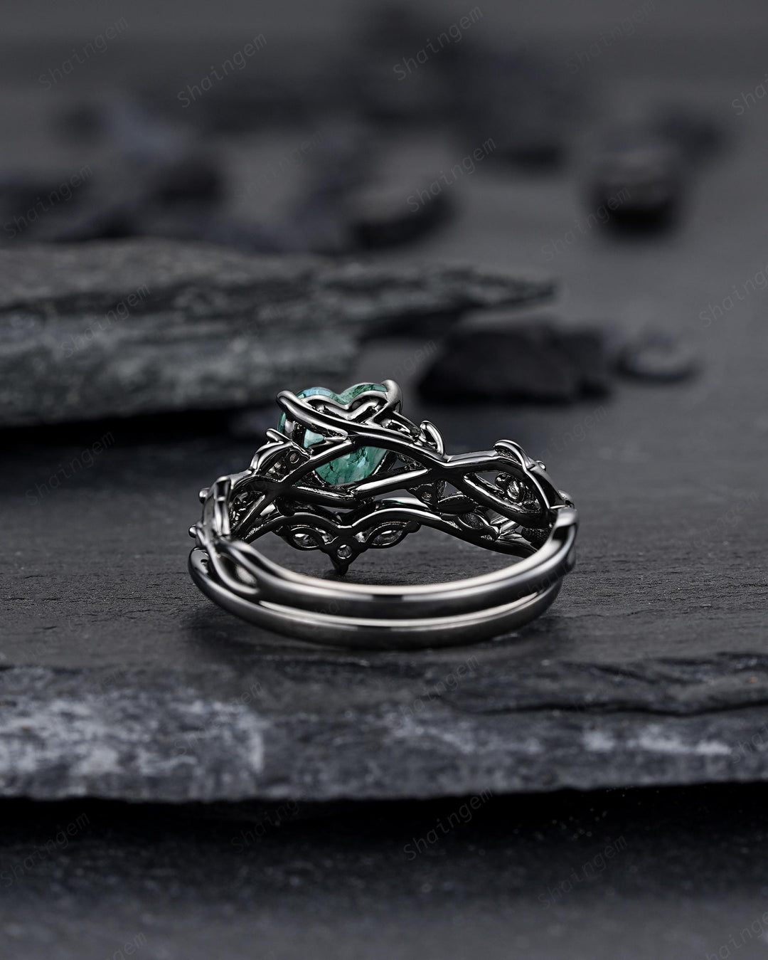 Unique Heart Shape Moss Agate Black Leaf Engagement Ring Set, Gothic Black Rhodium Twig Branch Promise Ring, Punk Vine Wedding Ring Gift - ShainJewelry