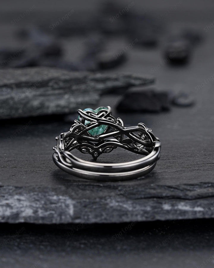 Unique Heart Shape Moss Agate Black Leaf Engagement Ring Set, Gothic Black Rhodium Twig Branch Promise Ring, Punk Vine Wedding Ring Gift - ShainJewelry