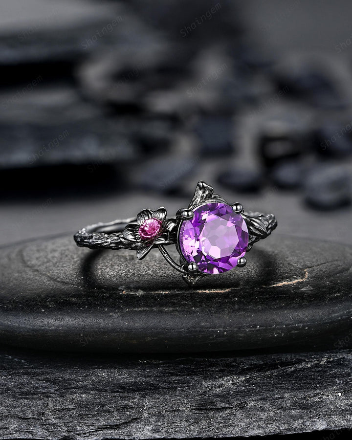 Gothic Two Tone Narcissus December Birth Flower Amethyst Solitaire Engagement Ring, Black Rhodium Nature Inspired Leaf Promise Wedding Ring - ShainJewelry