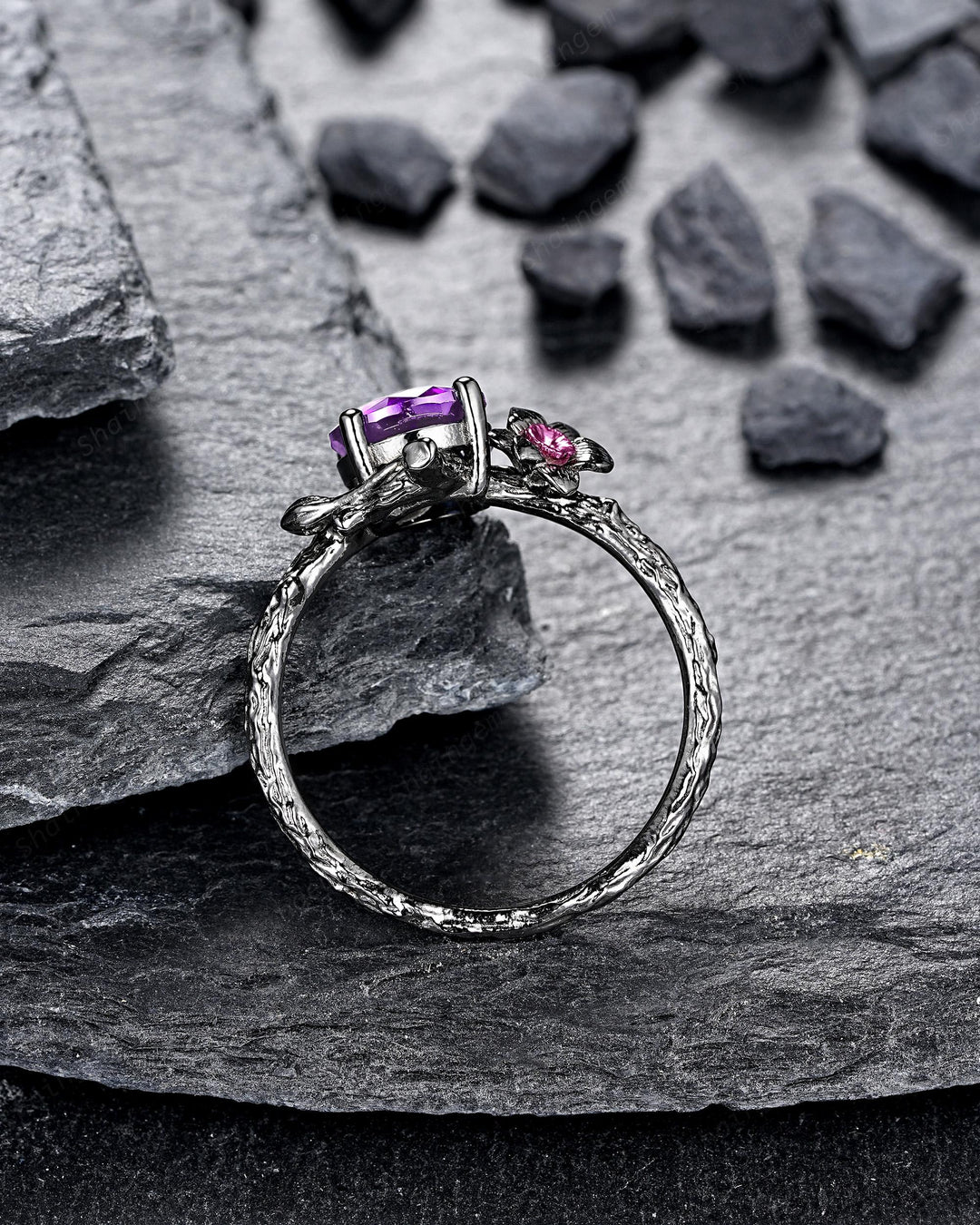 Gothic Two Tone Narcissus December Birth Flower Amethyst Solitaire Engagement Ring, Black Rhodium Nature Inspired Leaf Promise Wedding Ring - ShainJewelry
