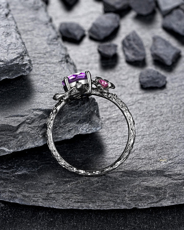 Gothic Two Tone Narcissus December Birth Flower Amethyst Solitaire Engagement Ring, Black Rhodium Nature Inspired Leaf Promise Wedding Ring - ShainJewelry