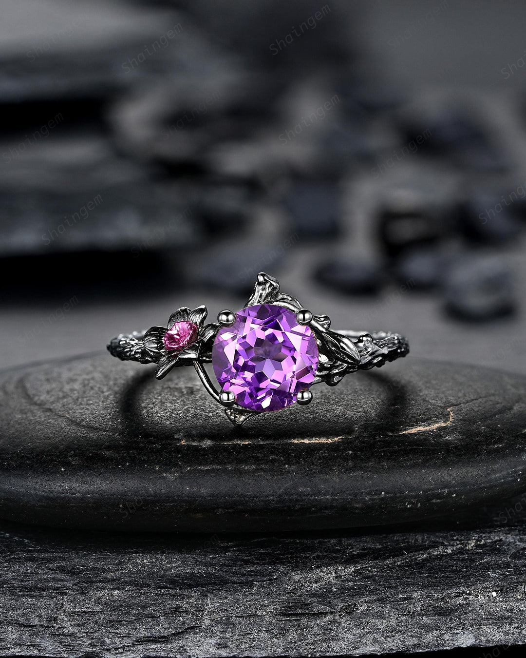 Gothic Two Tone Narcissus December Birth Flower Amethyst Solitaire Engagement Ring, Black Rhodium Nature Inspired Leaf Promise Wedding Ring - ShainJewelry
