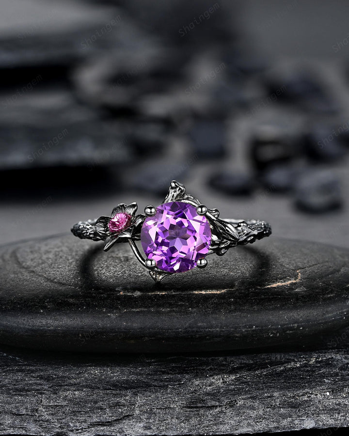 Gothic Two Tone Narcissus December Birth Flower Amethyst Solitaire Engagement Ring, Black Rhodium Nature Inspired Leaf Promise Wedding Ring - ShainJewelry