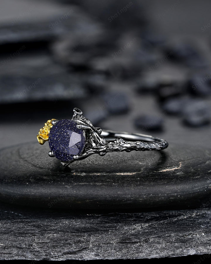 Gothic Two Tone Yellow Marigold October Birth Flower Blue Sandstone Engagement Ring Black Rhodium Nature Inspired Leaf Promise Wedding Ring - ShainJewelry