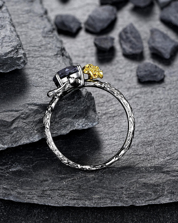 Gothic Two Tone Yellow Marigold October Birth Flower Blue Sandstone Engagement Ring Black Rhodium Nature Inspired Leaf Promise Wedding Ring - ShainJewelry