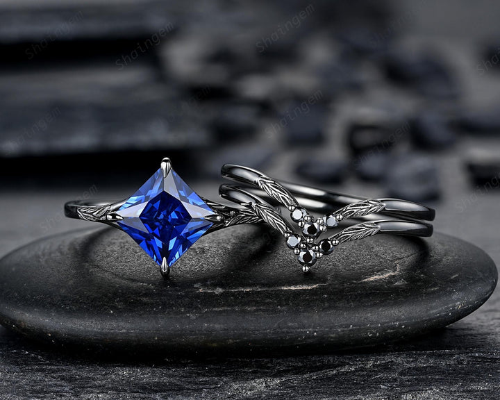 3PCS Black Gold Princess Cut Blue Sapphire Engagement Ring Set, Gothic Punk Black Rhodium Engraved Leaf Solitary Wedding Set Promise Ring - ShainJewelry