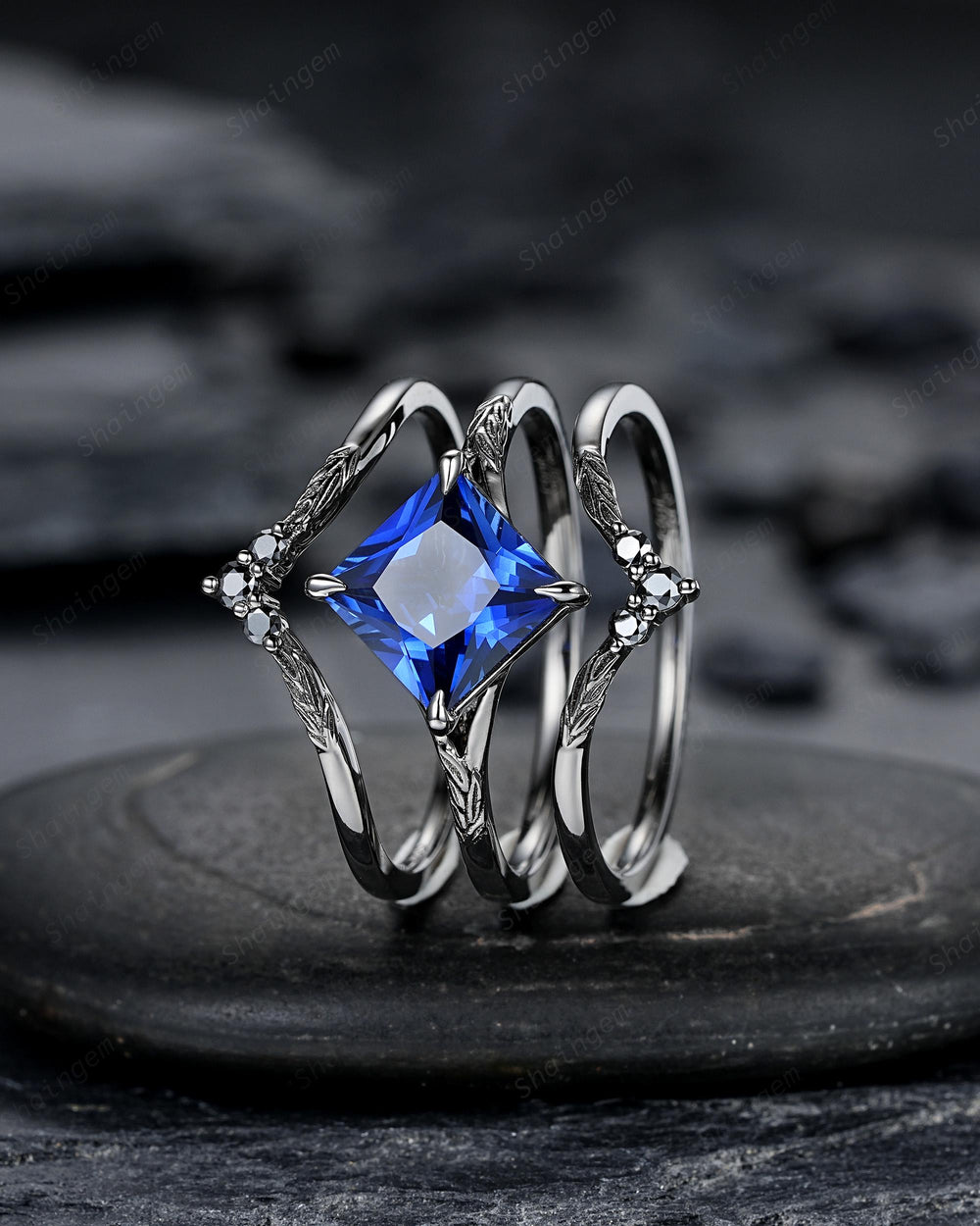 3PCS Black Gold Princess Cut Blue Sapphire Engagement Ring Set, Gothic Punk Black Rhodium Engraved Leaf Solitary Wedding Set Promise Ring - ShainJewelry