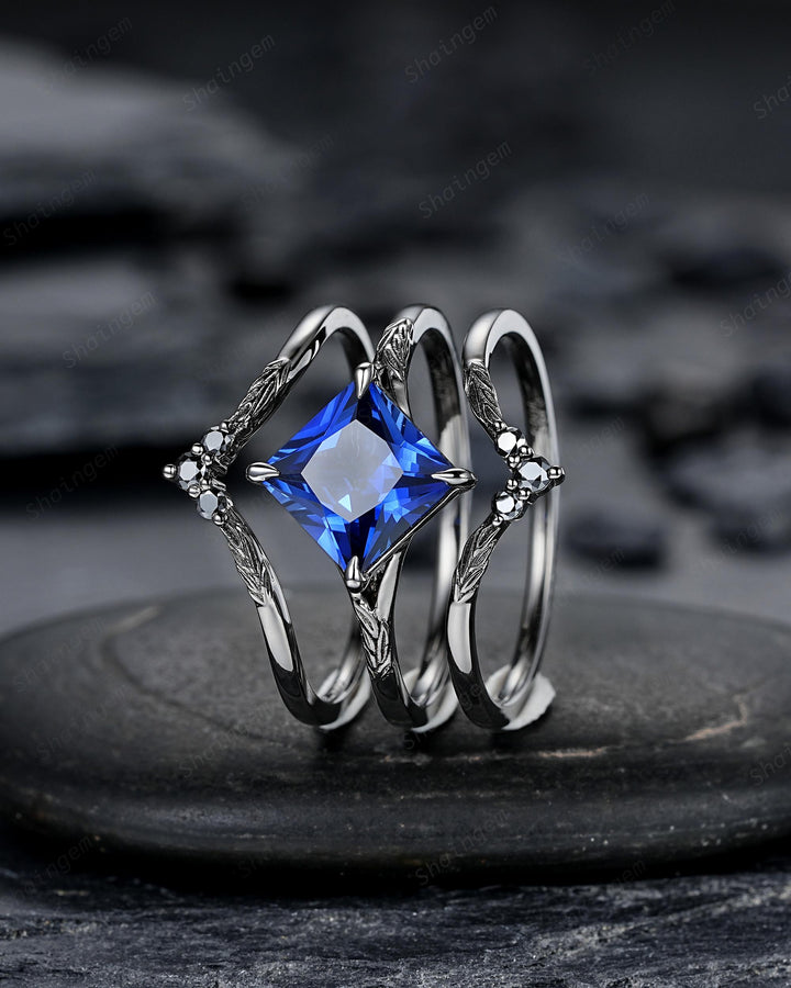 3PCS Black Gold Princess Cut Blue Sapphire Engagement Ring Set, Gothic Punk Black Rhodium Engraved Leaf Solitary Wedding Set Promise Ring - ShainJewelry