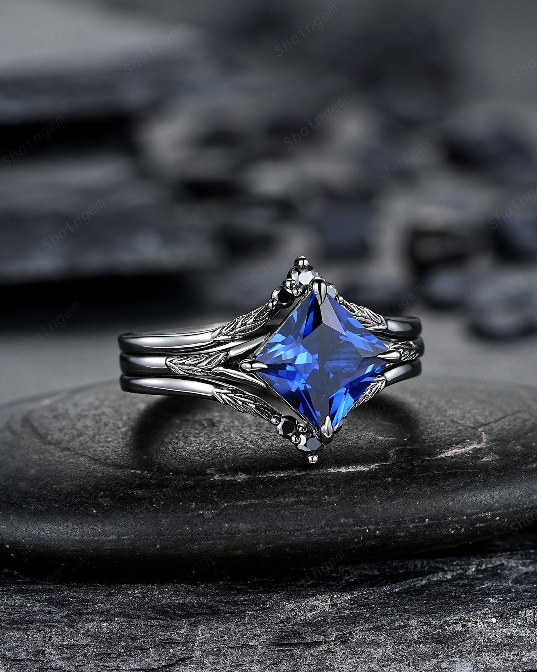 3PCS Black Gold Princess Cut Blue Sapphire Engagement Ring Set, Gothic Punk Black Rhodium Engraved Leaf Solitary Wedding Set Promise Ring - ShainJewelry