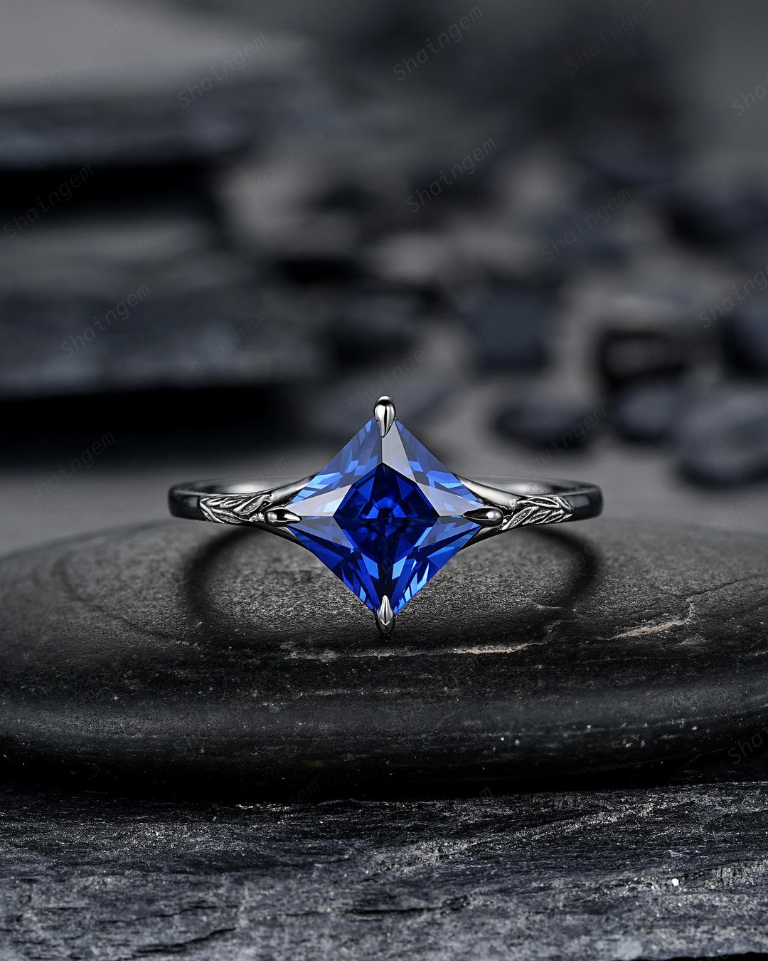 3PCS Black Gold Princess Cut Blue Sapphire Engagement Ring Set, Gothic Punk Black Rhodium Engraved Leaf Solitary Wedding Set Promise Ring - ShainJewelry