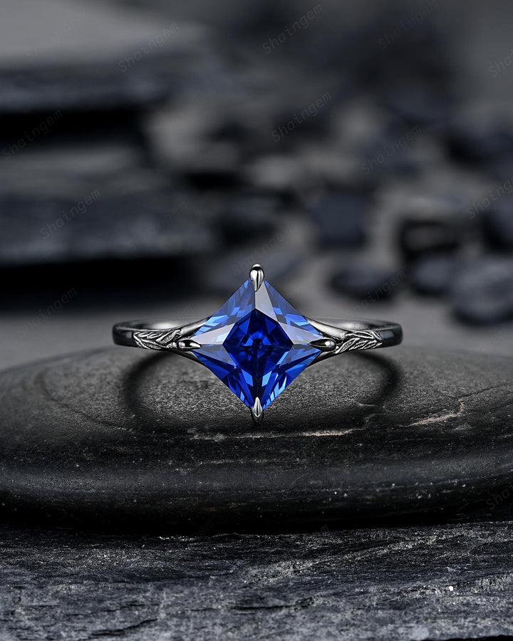 3PCS Black Gold Princess Cut Blue Sapphire Engagement Ring Set, Gothic Punk Black Rhodium Engraved Leaf Solitary Wedding Set Promise Ring - ShainJewelry