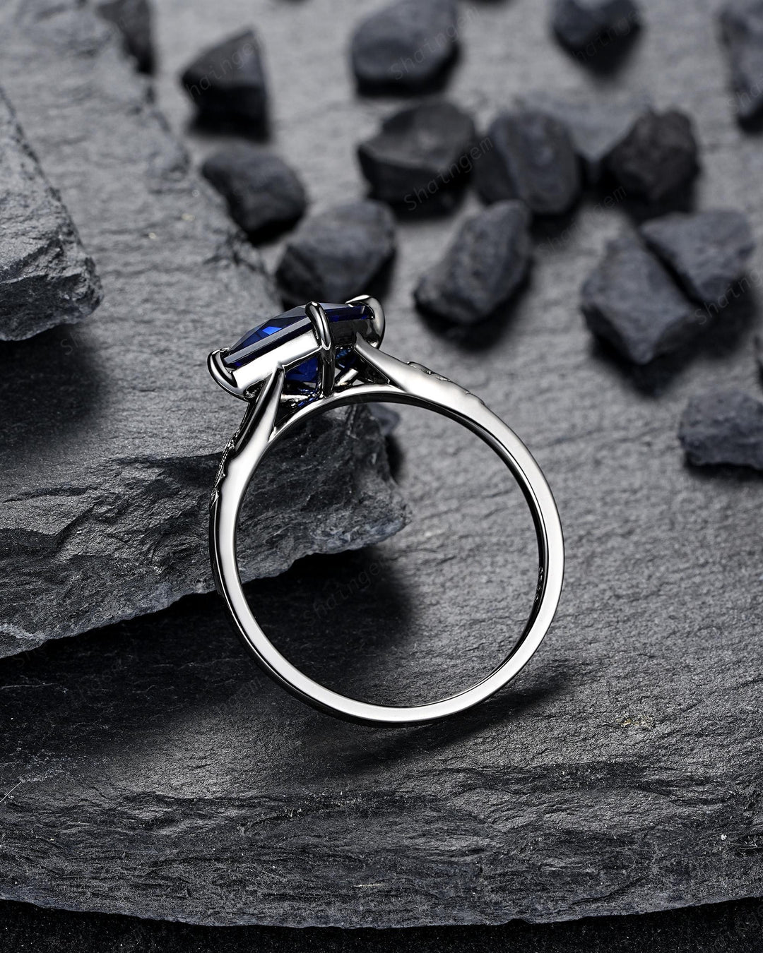 3PCS Black Gold Princess Cut Blue Sapphire Engagement Ring Set, Gothic Punk Black Rhodium Engraved Leaf Solitary Wedding Set Promise Ring - ShainJewelry