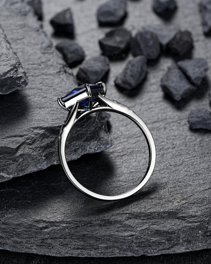 3PCS Black Gold Princess Cut Blue Sapphire Engagement Ring Set, Gothic Punk Black Rhodium Engraved Leaf Solitary Wedding Set Promise Ring - ShainJewelry