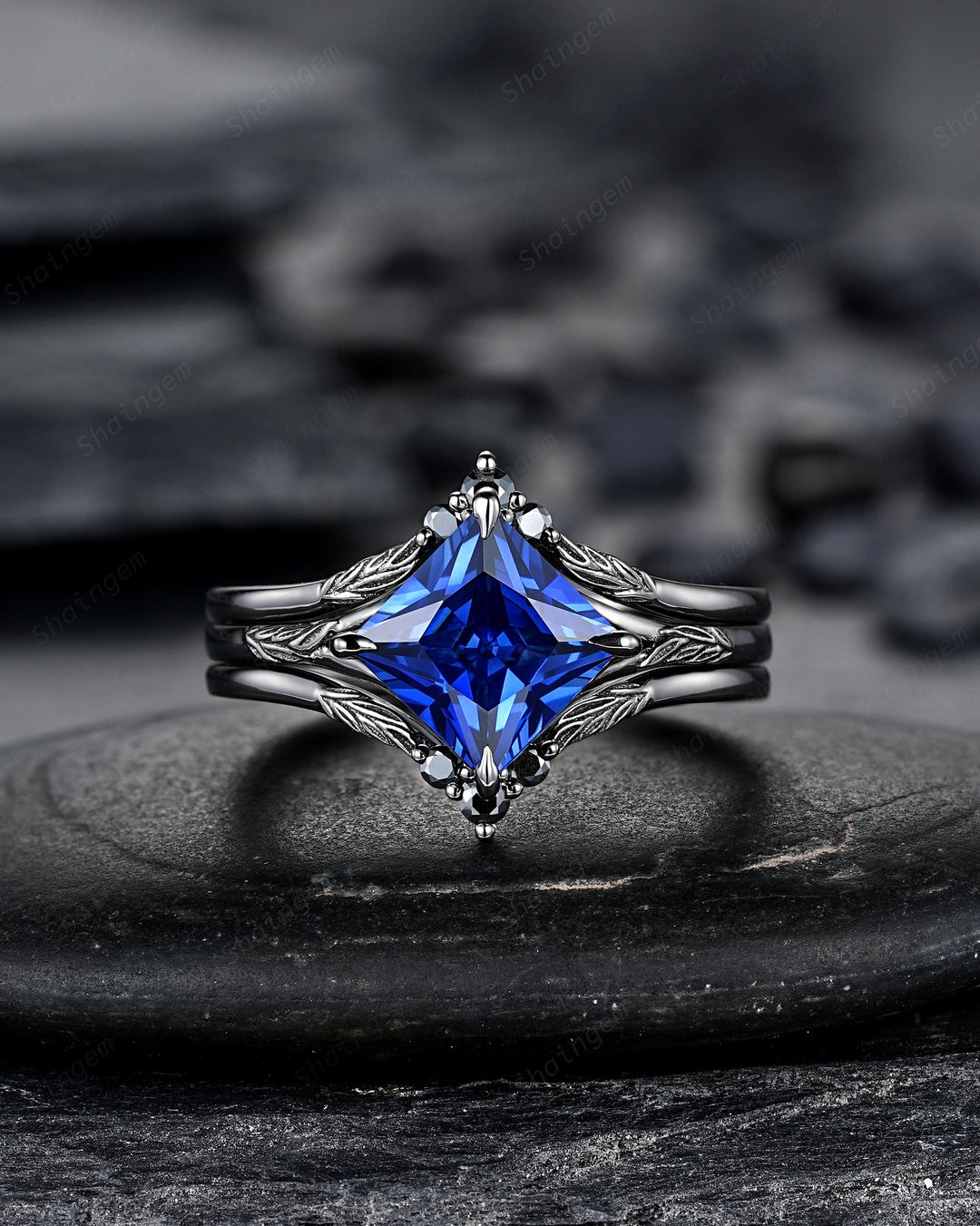 3PCS Black Gold Princess Cut Blue Sapphire Engagement Ring Set, Gothic Punk Black Rhodium Engraved Leaf Solitary Wedding Set Promise Ring - ShainJewelry